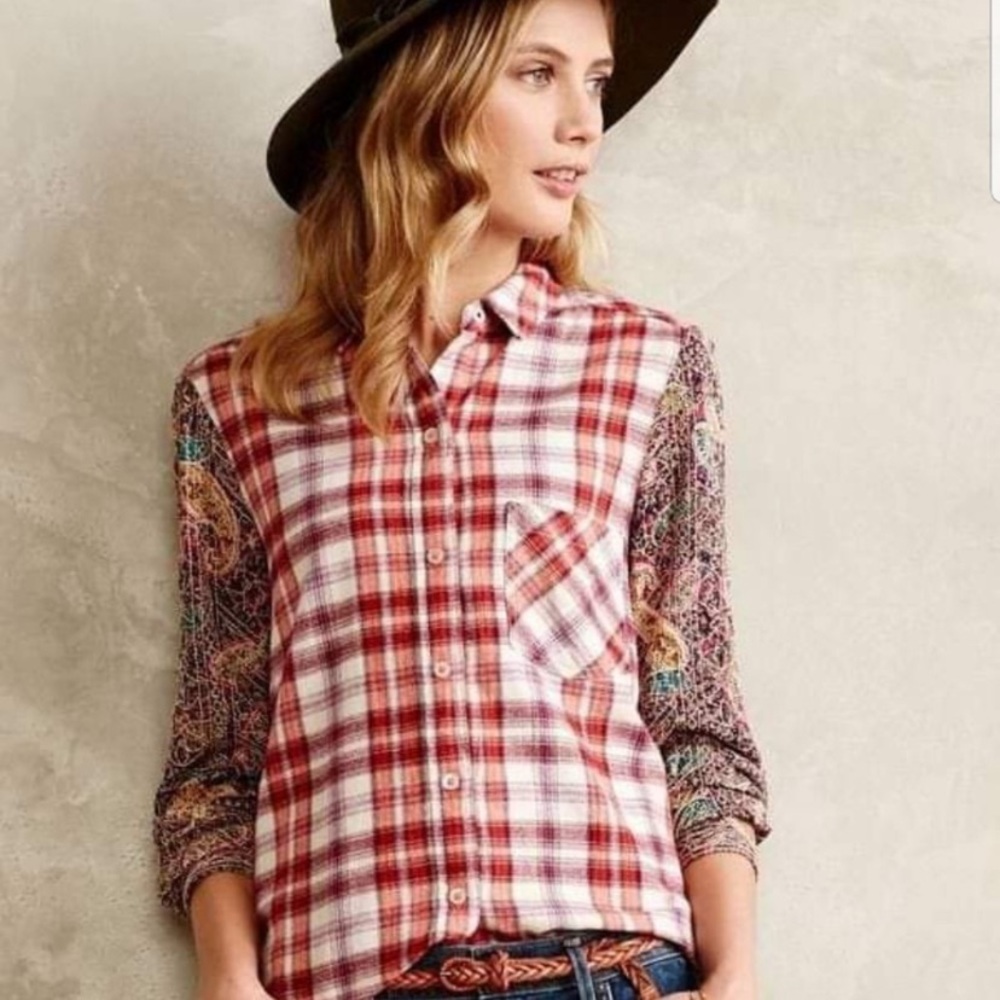 BOGO! Anthro Holding Horses Embroidered Plaid Top